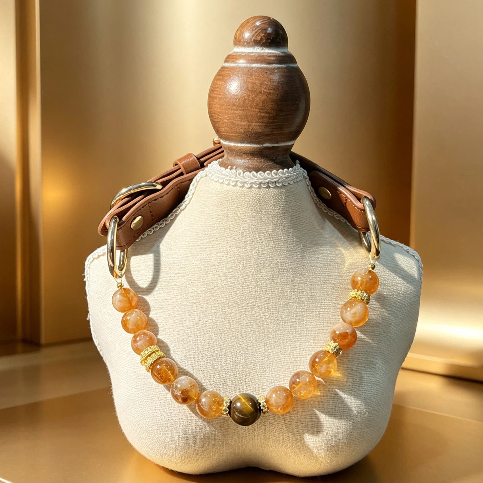 Solar Golden Citrine Beaded Dog Collar & Matching Owner Bracelet | Attract Wealth & Good Luck for the Whole Family