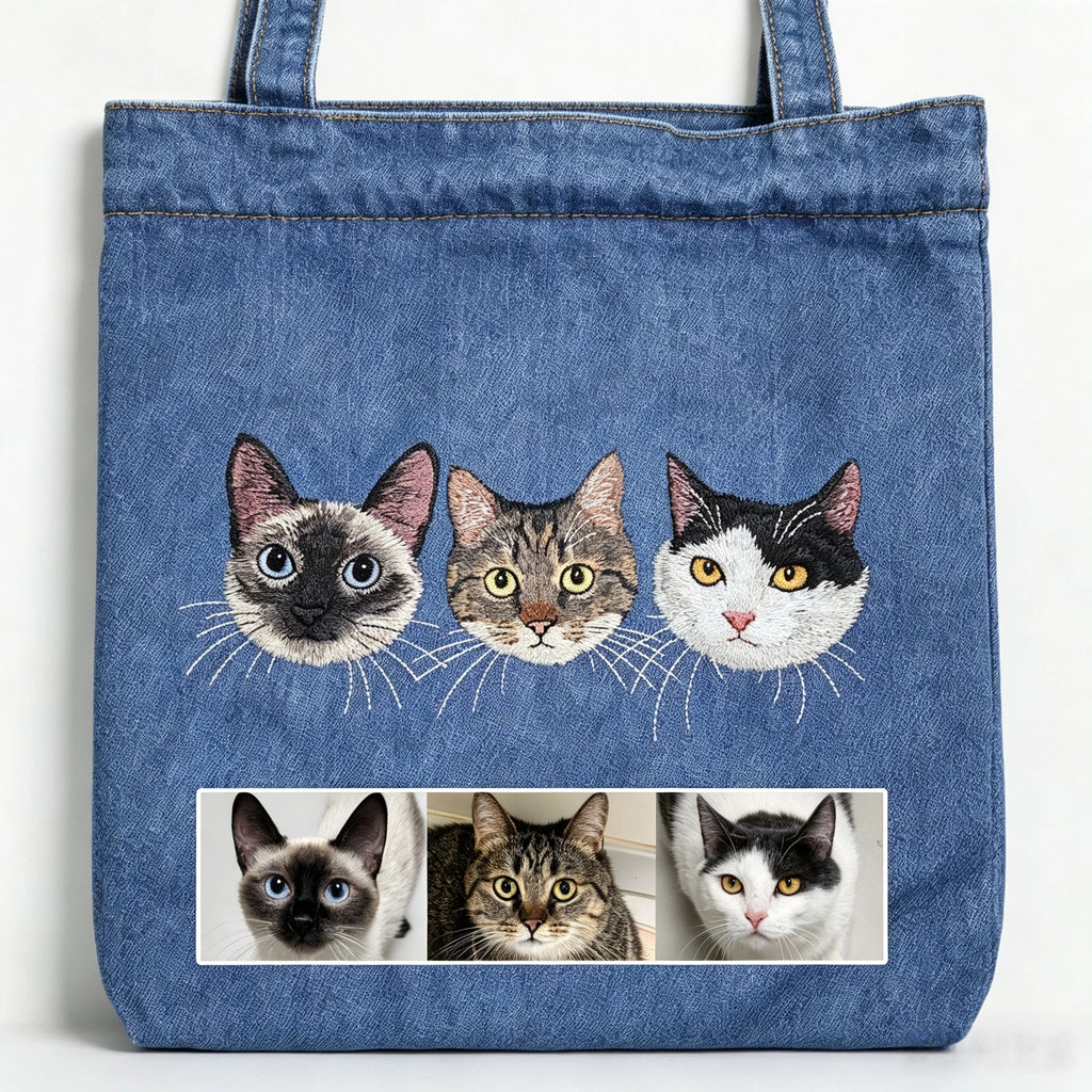 Custom Pet Portrait Denim Tote: Washed denim shoulder bag embroidered from your photo, perfect as an everyday pet memorial handbag.