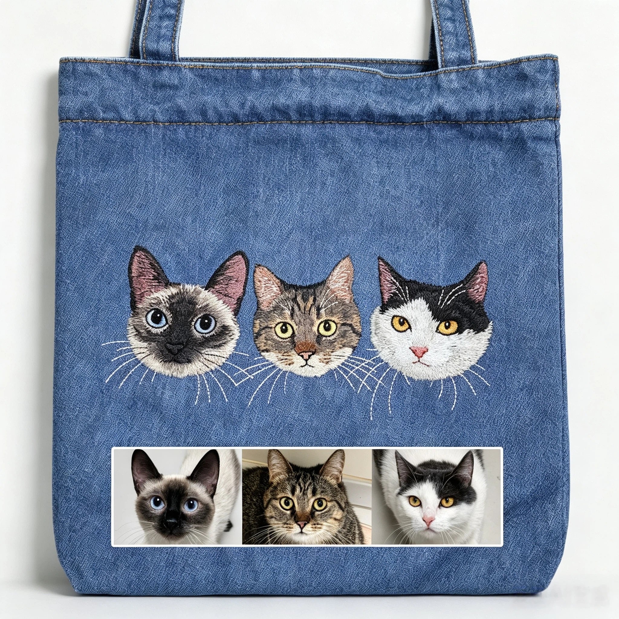 Custom Pet Portrait Denim Tote: Washed denim shoulder bag embroidered from your photo, perfect as an everyday pet memorial handbag.