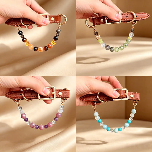 12 Zodiac Natural Crystal Pet Collar, Fire/Earth/Air/Water Element Healing Gemstone Leather Dog & Cat Collar, Aesthetic Crystal Beaded Neck Ring for Small to Medium Pets