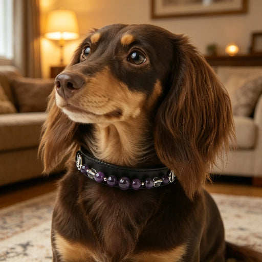 Macaron Color Healing Natural Crystal Pet Collar, Chakra Quartz Beaded Adjustable Leather Collar for Small Dogs Cats