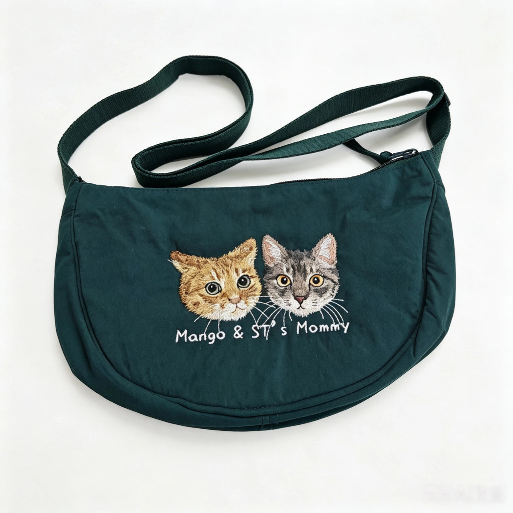 Custom Pet Embroidery Crescent Crossbody Bag, Handmade Portrait Soft Saddle Bag, Name Engraved Casual Shoulder Bag, Exclusive for Pet Lovers