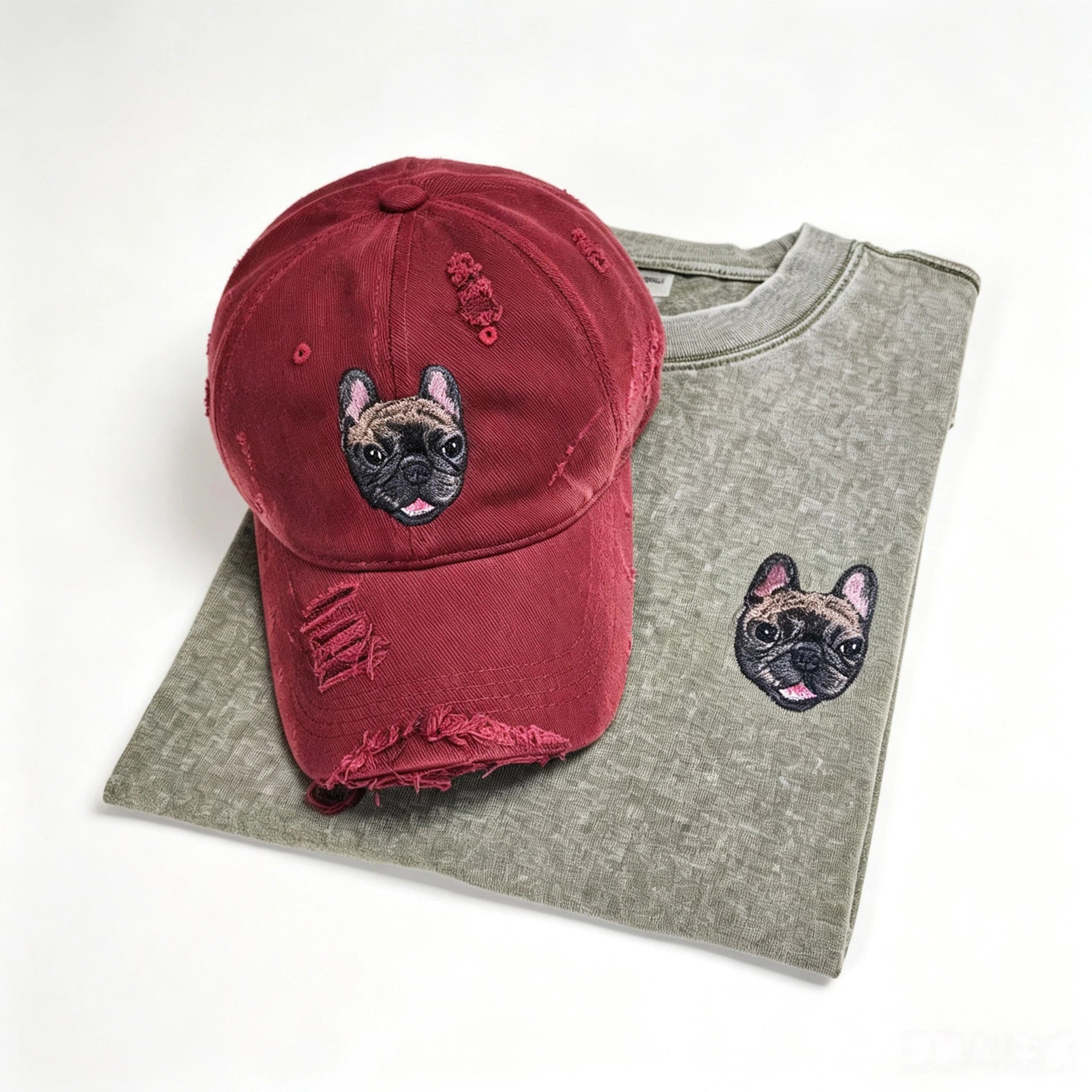 Distressed Ripped Baseball Cap: Hand-Sewn Pet Portrait, Soft Washed Cotton Unisex Dad Hat, Pet Memorial Everyday Cap