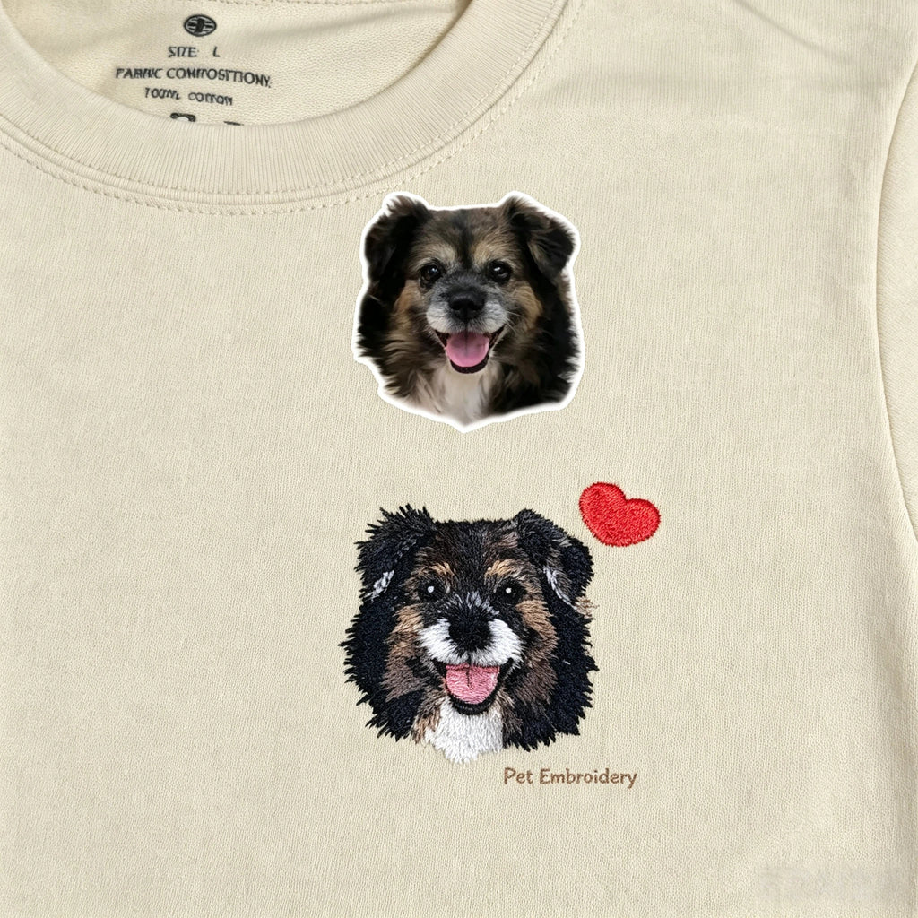Classic Tee: Custom Pet Photo Embroidery Short Sleeve, Hand-Stitched Cat & Dog Portrait, 100% Cotton, Versatile Gift for Pet Lovers