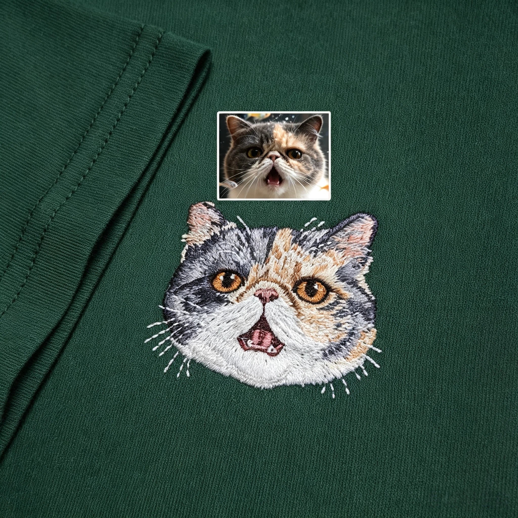 Classic Tee: Custom Pet Photo Embroidery Short Sleeve, Hand-Stitched Cat & Dog Portrait, 100% Cotton, Versatile Gift for Pet Lovers