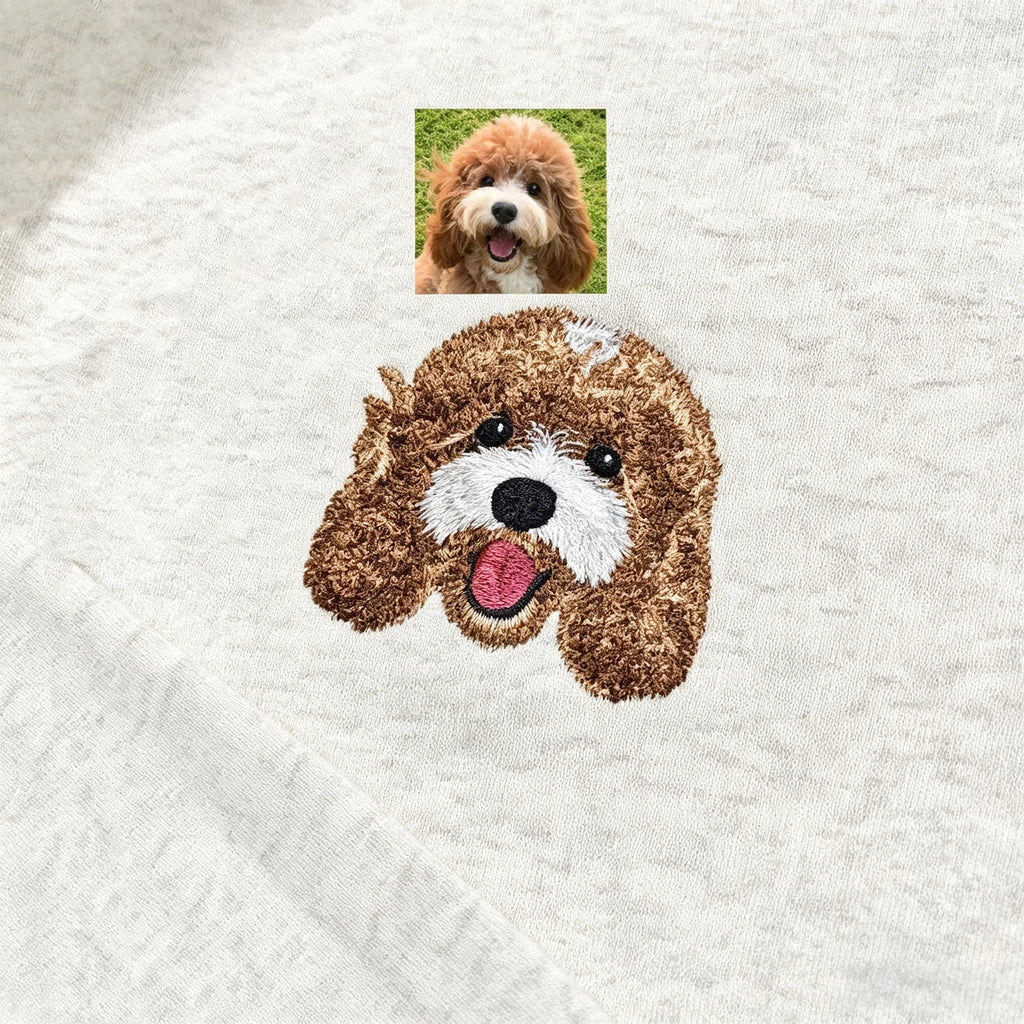 Classic Crewneck Sweatshirt: Custom Pet Portrait Embroidery, Personalized Cat/Dog Photo & Name, Casual Top for Pet Parents