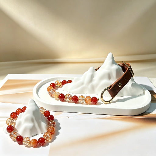Red Orange Crystal Pet Collar with Matching Bracelet Natural Healing Crystal Dog Cat Owner Jewelry