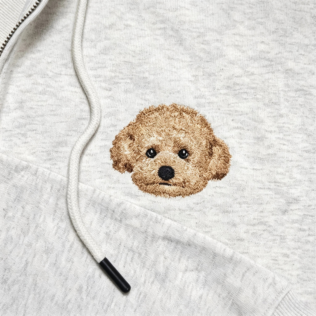 Zip-Up Hoodie: Hand-stitched pet portraits. Fully customized from your pet's real photos. The delicate stitching perfectly captures your furry friend's unique gaze, fur texture, and facial features—wear your cherished memories.