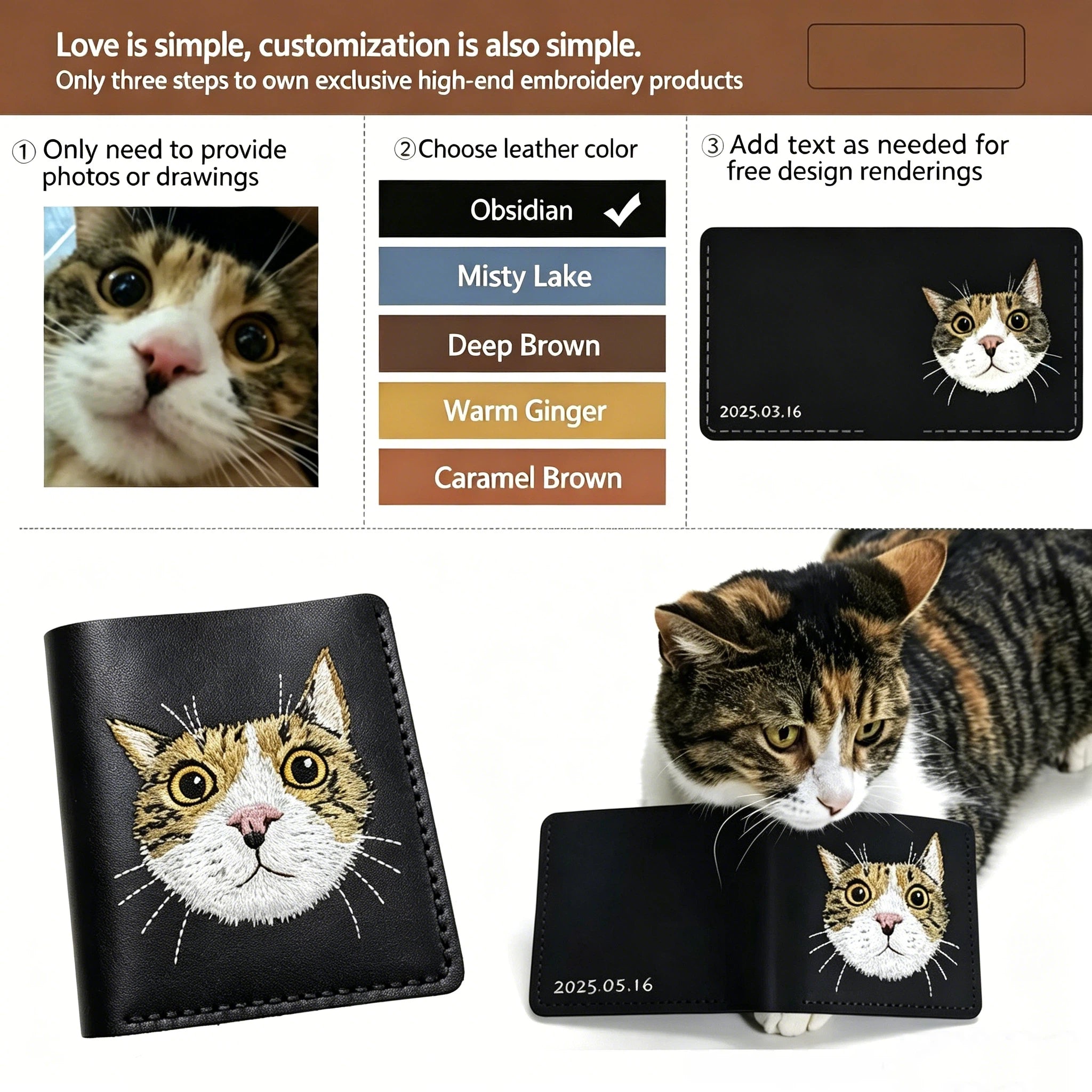 Personalized Pet Photo Embroidery Genuine Leather Wallet | Handmade Memory Gift for Pet Owners