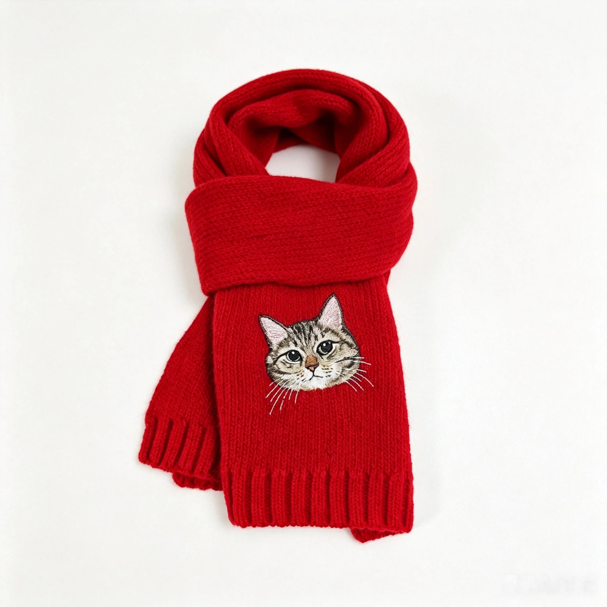 Custom Pet Portrait Embroidery Knitted Wool Scarf, Personalized Cat Dog Photo Custom Winter Scarf, Sentimental Pet Lover Memorial Gift