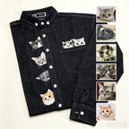 Custom Pet Long-Sleeve Denim Shirt: Featuring a hand-sewn portrait on washed denim, customized from your pet's photo. A perfect way to wear your furry bestie with you everywhere.