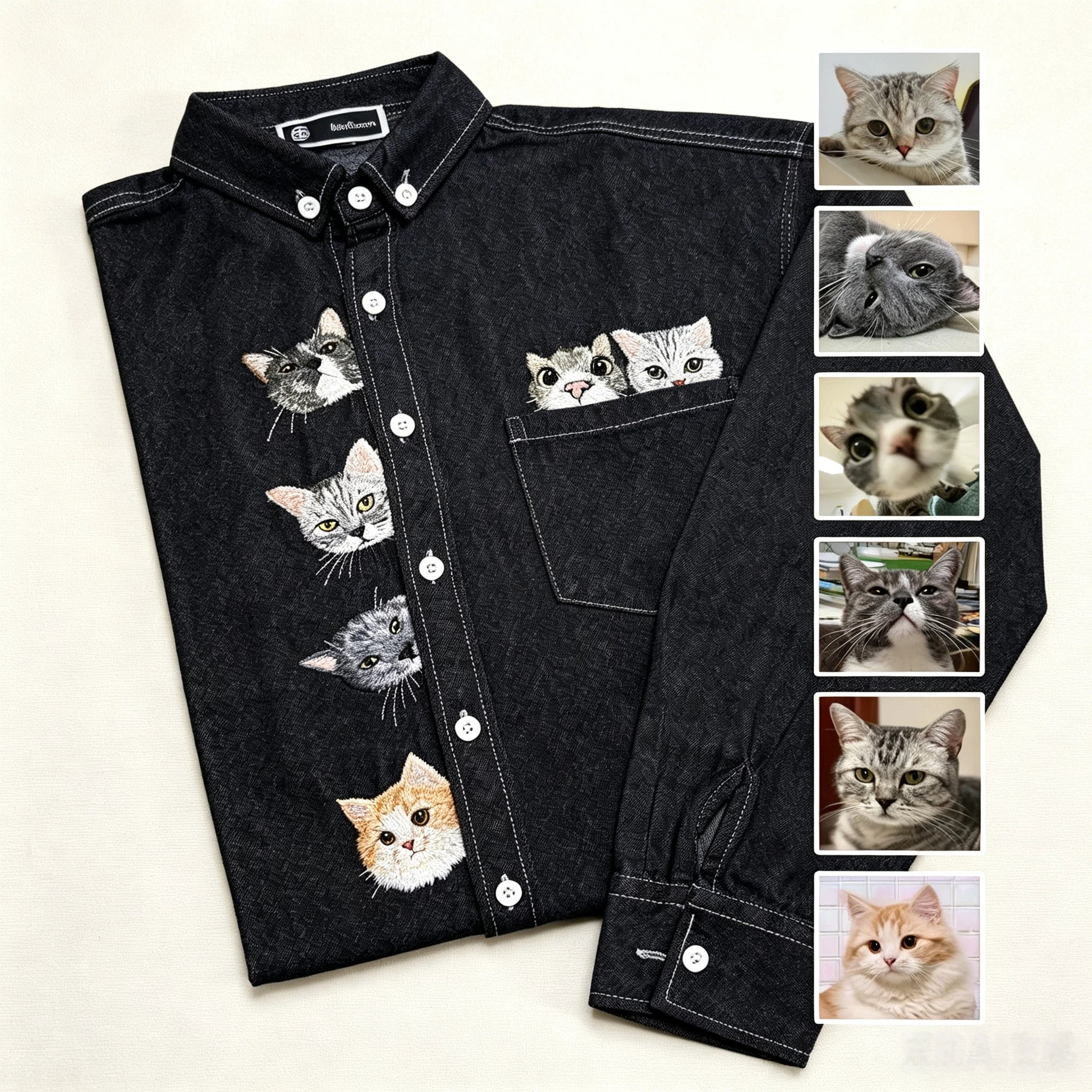 Custom Pet Long-Sleeve Denim Shirt: Featuring a hand-sewn portrait on washed denim, customized from your pet's photo. A perfect way to wear your furry bestie with you everywhere.