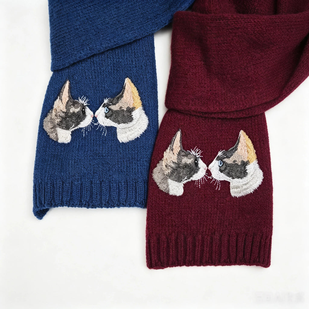Custom Pet Portrait Embroidery Knitted Wool Scarf, Personalized Cat Dog Photo Custom Winter Scarf, Sentimental Pet Lover Memorial Gift