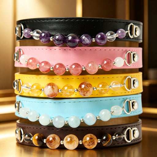 Macaron Color Healing Natural Crystal Pet Collar, Chakra Quartz Beaded Adjustable Leather Collar for Small Dogs Cats