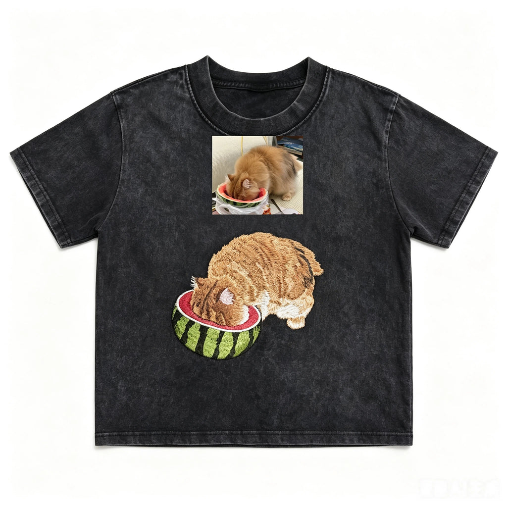 Classic Tee: Custom Pet Photo Embroidery Short Sleeve, Hand-Stitched Cat & Dog Portrait, 100% Cotton, Versatile Gift for Pet Lovers