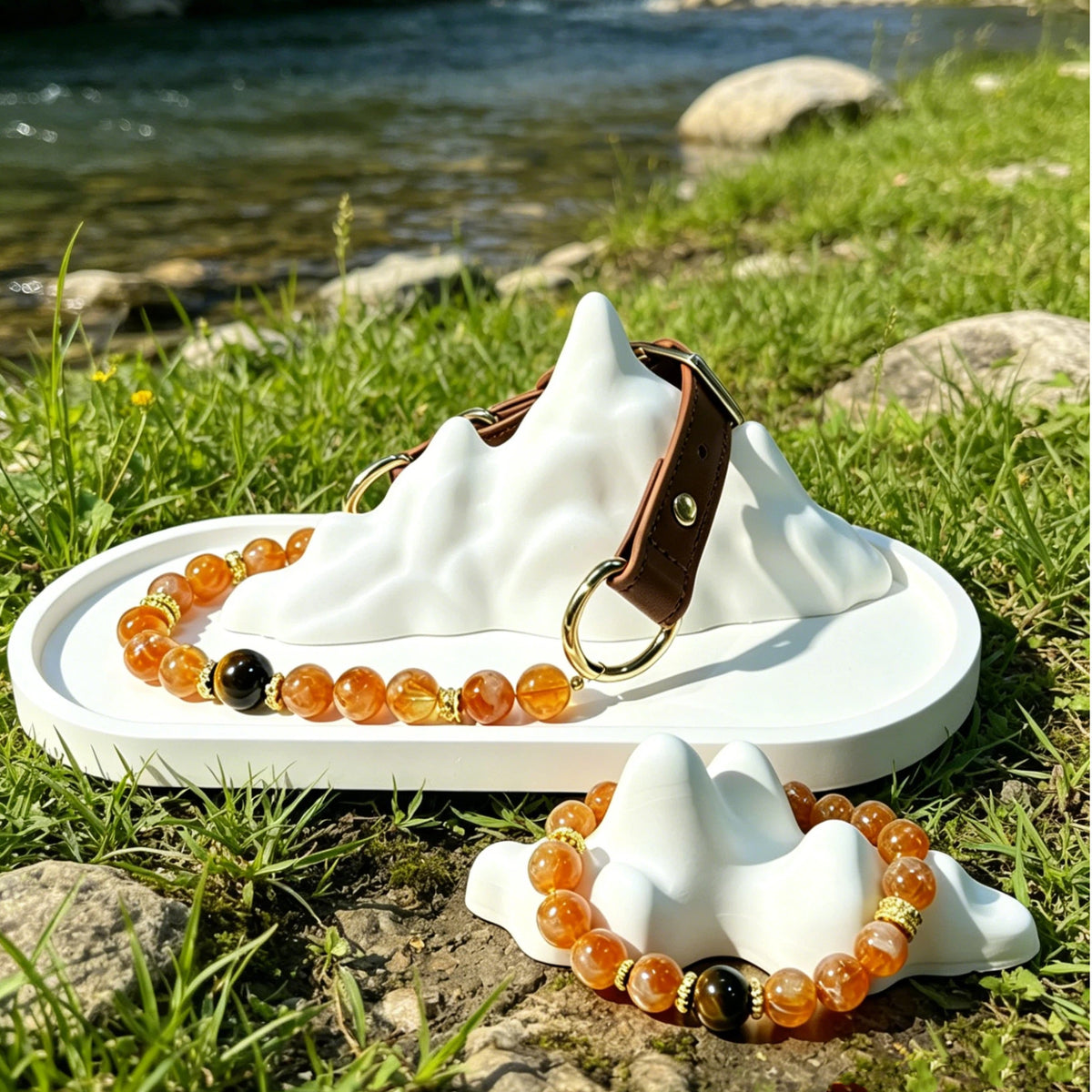 Solar Golden Citrine Beaded Dog Collar & Matching Owner Bracelet | Attract Wealth & Good Luck for the Whole Family