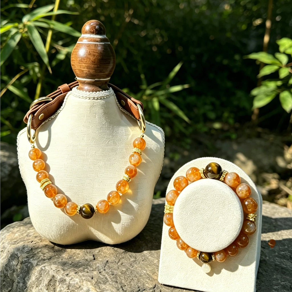 Solar Golden Citrine Beaded Dog Collar & Matching Owner Bracelet | Attract Wealth & Good Luck for the Whole Family