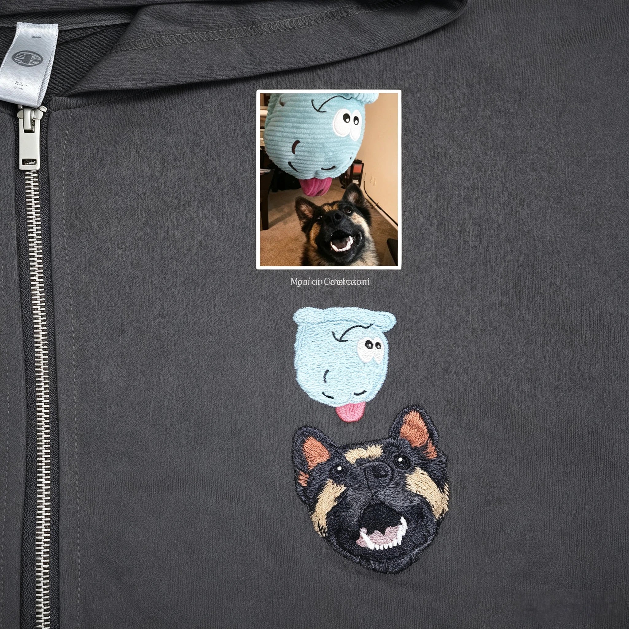 Zip-Up Hoodie: Hand-stitched pet portraits. Fully customized from your pet's real photos. The delicate stitching perfectly captures your furry friend's unique gaze, fur texture, and facial features—wear your cherished memories.