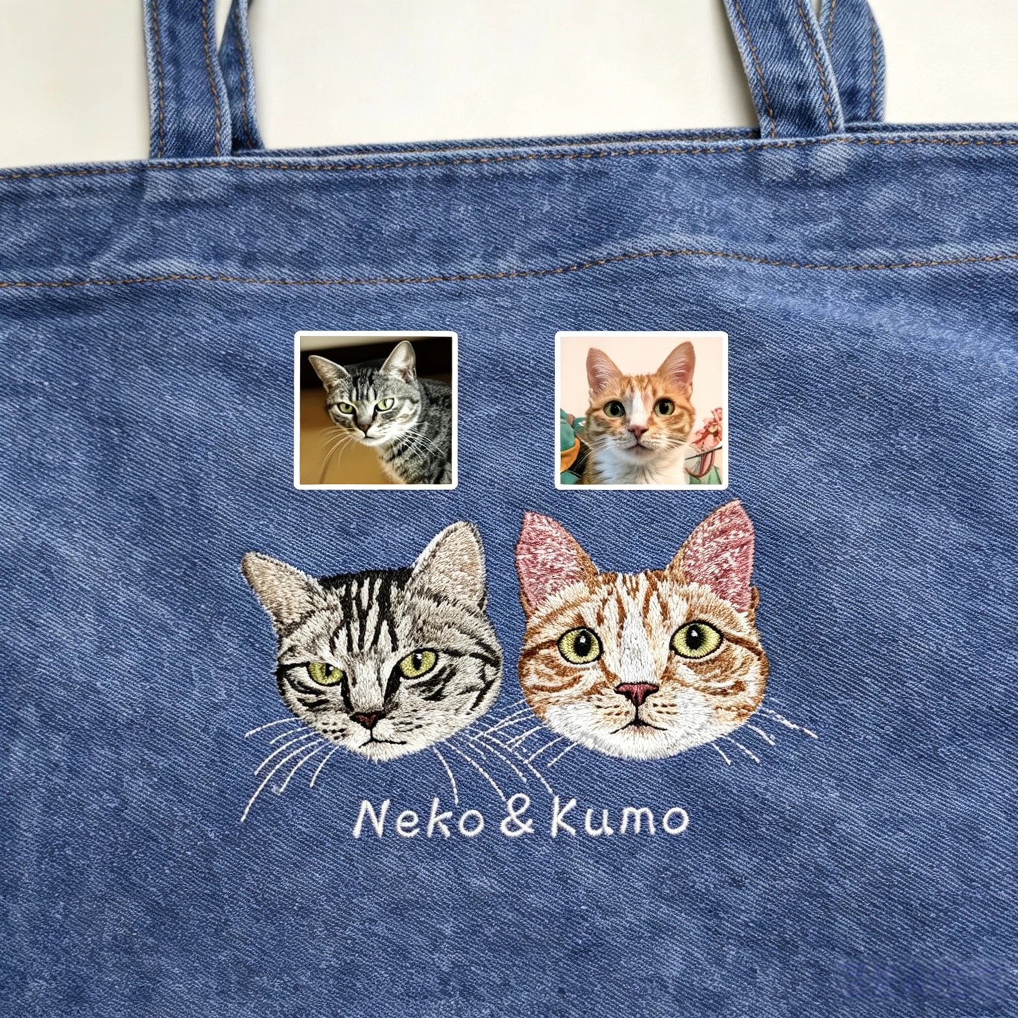 Custom Pet Portrait Denim Tote: Washed denim shoulder bag embroidered from your photo, perfect as an everyday pet memorial handbag.