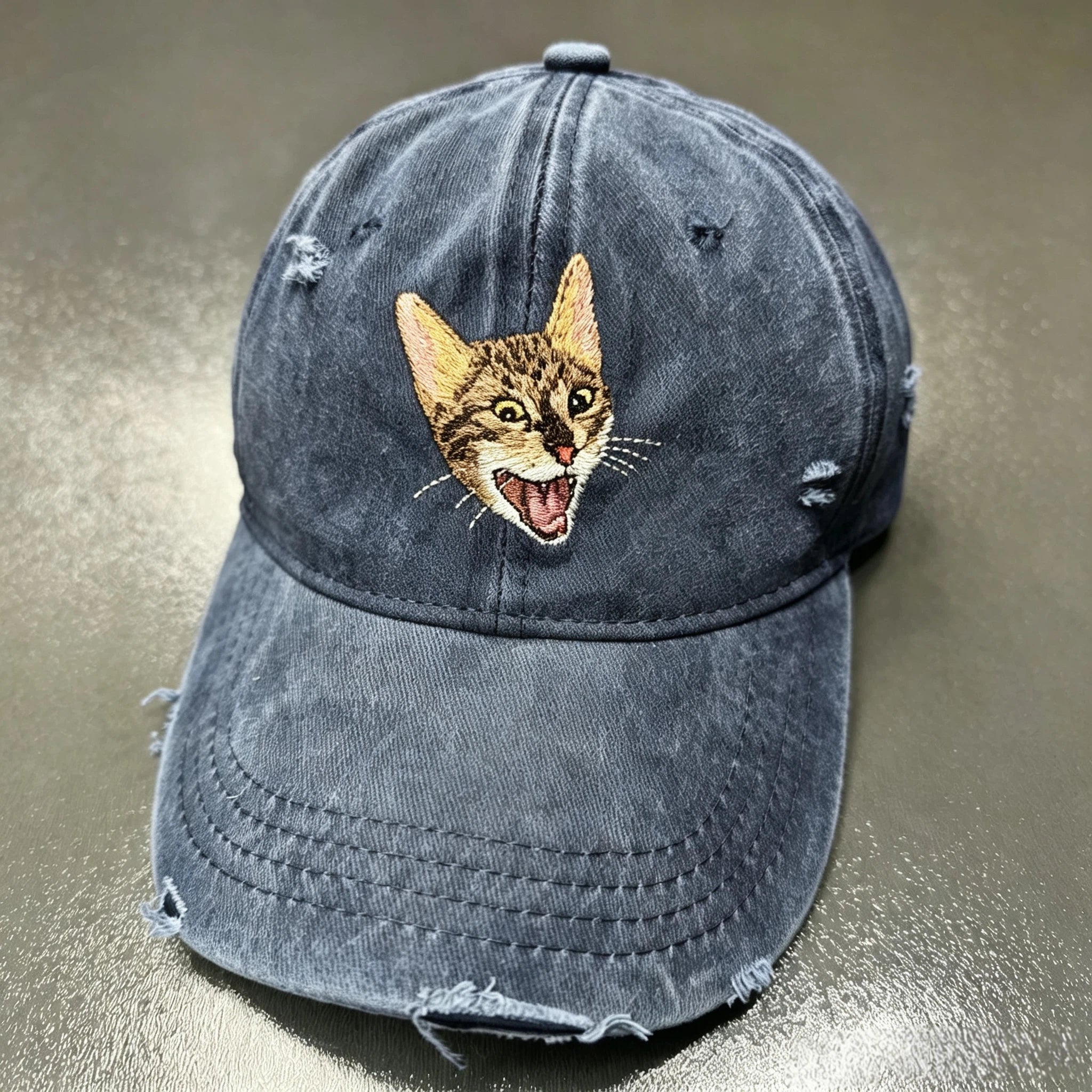 Distressed Ripped Baseball Cap: Hand-Sewn Pet Portrait, Soft Washed Cotton Unisex Dad Hat, Pet Memorial Everyday Cap