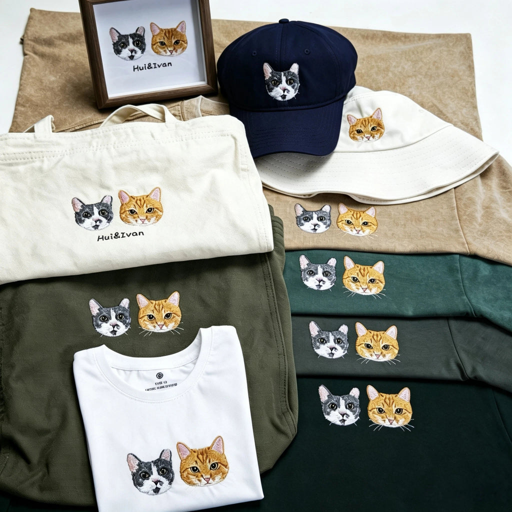 Classic Tee: Custom Pet Photo Embroidery Short Sleeve, Hand-Stitched Cat & Dog Portrait, 100% Cotton, Versatile Gift for Pet Lovers