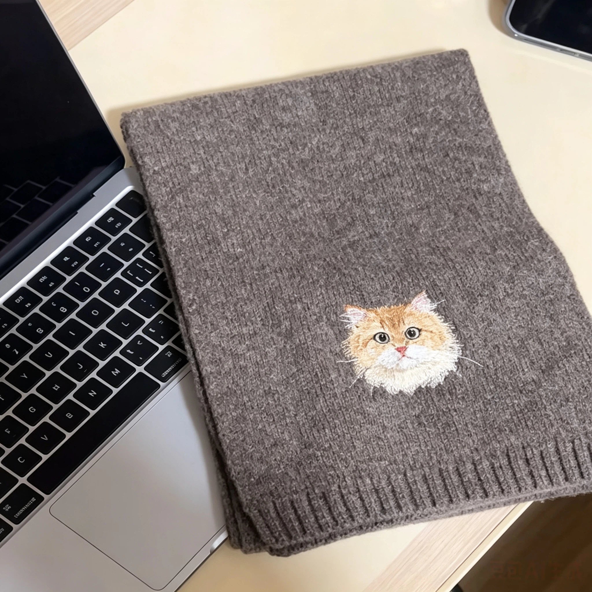 Custom Pet Portrait Embroidery Knitted Wool Scarf, Personalized Cat Dog Photo Custom Winter Scarf, Sentimental Pet Lover Memorial Gift