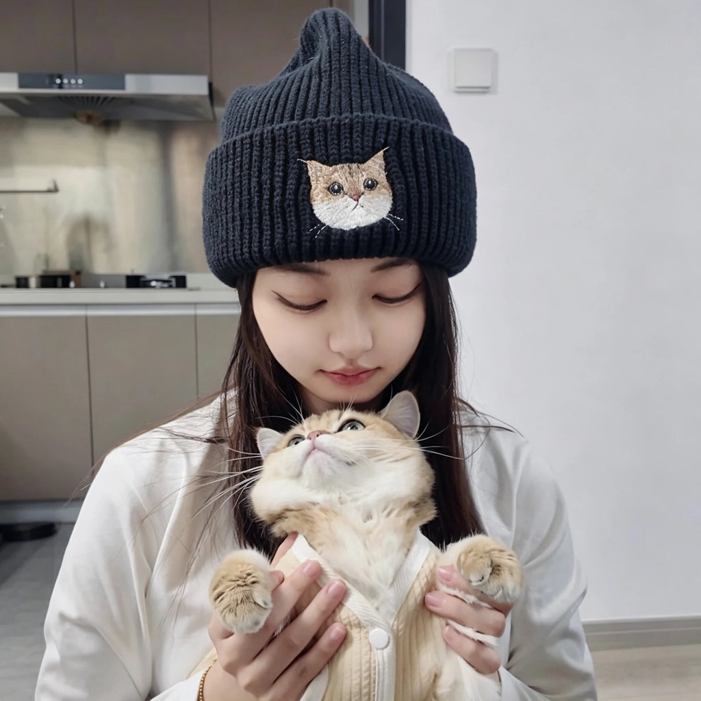 Classic Knit Beanie: Hand-Sewn Cat & Dog Portrait, Soft Stretchy Winter Pull-On Hat, Pet Memorial Accessory, Wear Your Furry Friend All Winter Long!