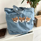 Custom Pet Portrait Denim Tote: Washed denim shoulder bag embroidered from your photo, perfect as an everyday pet memorial handbag.