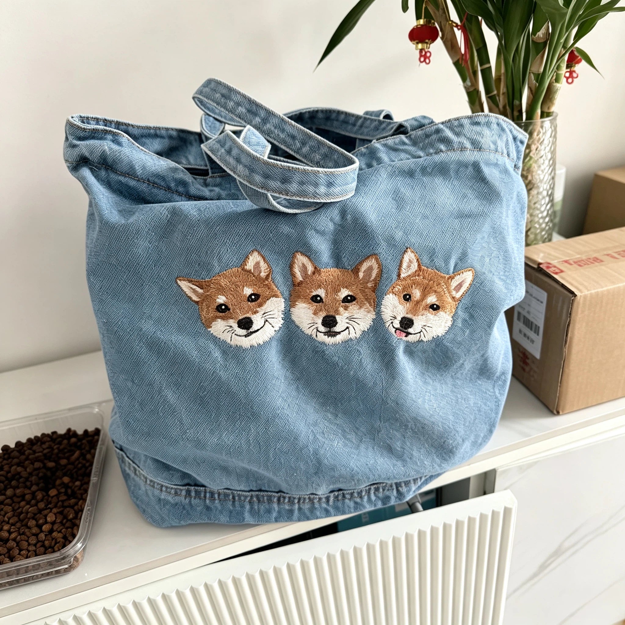 Custom Pet Portrait Denim Tote: Washed denim shoulder bag embroidered from your photo, perfect as an everyday pet memorial handbag.
