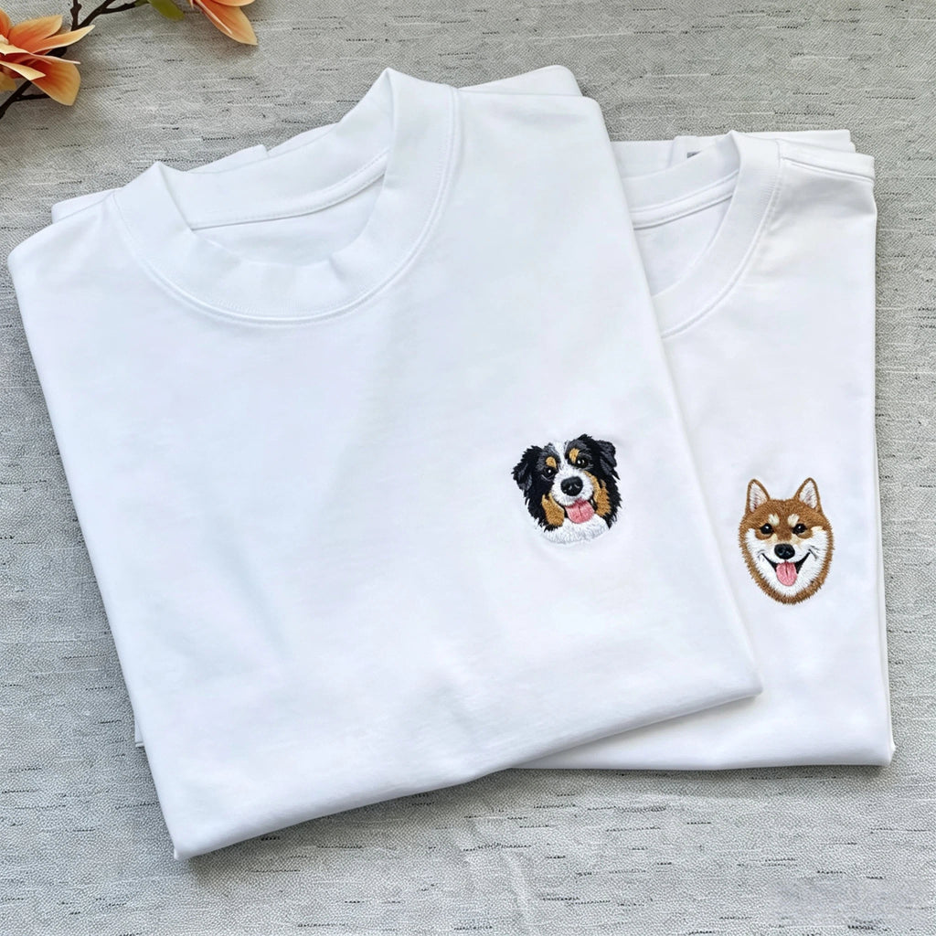 Classic Tee: Custom Pet Photo Embroidery Short Sleeve, Hand-Stitched Cat & Dog Portrait, 100% Cotton, Versatile Gift for Pet Lovers