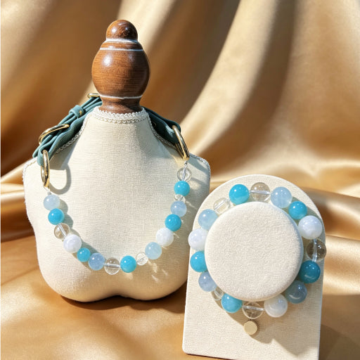 Light Blue Aquamarine Beaded Dog Collar & Matching Bracelet | Calming Crystal Human Pet Matching Set