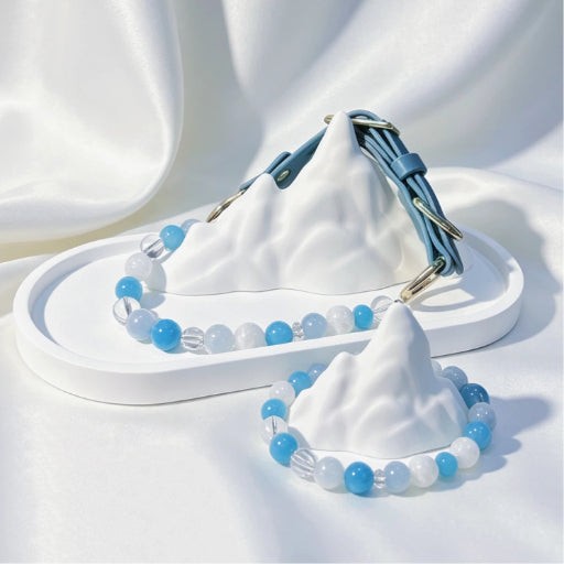 Light Blue Aquamarine Beaded Dog Collar & Matching Bracelet | Calming Crystal Human Pet Matching Set