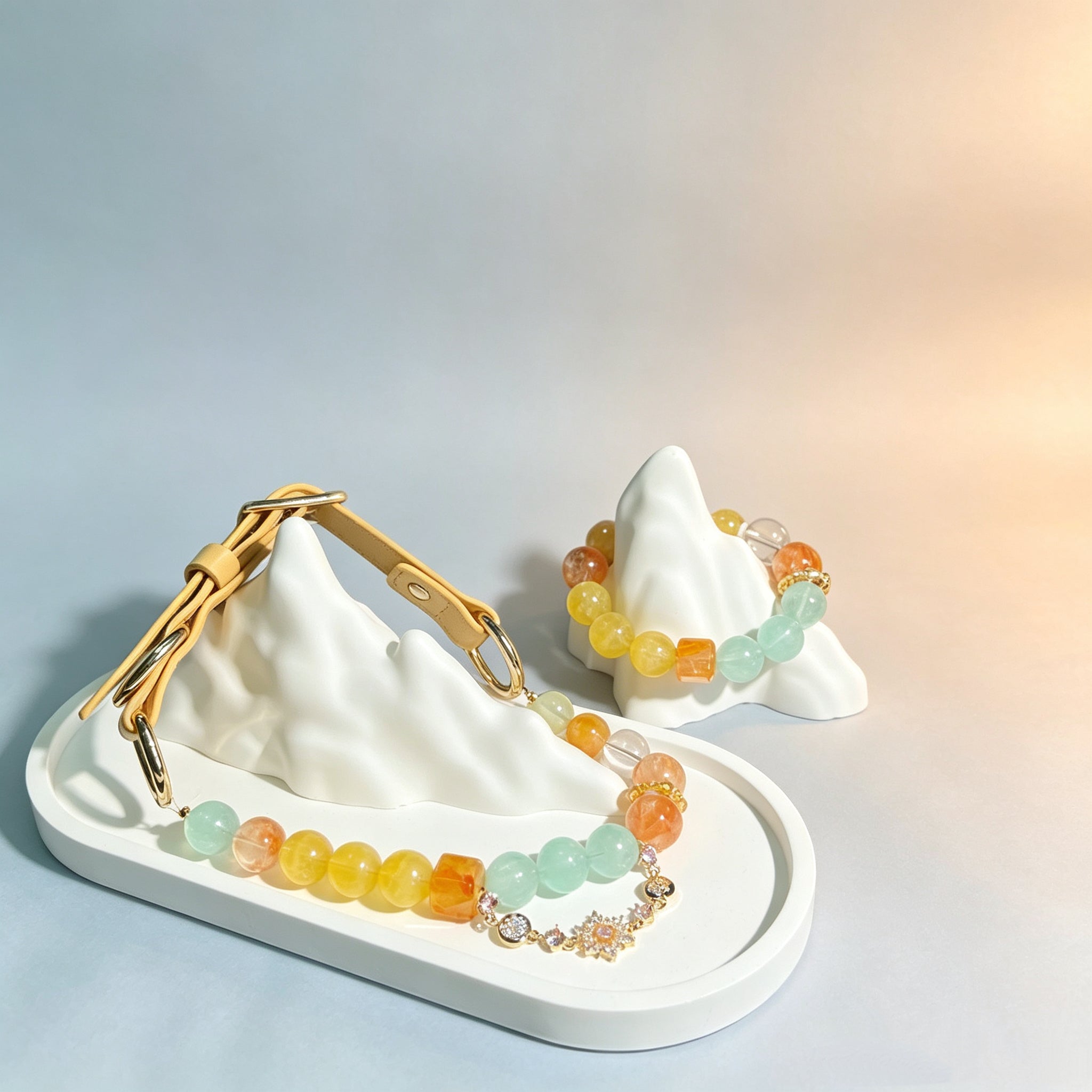 Soothing Healing Crystal Energy Pet Collar – Beaded Necklace with Citrine, Aquamarine & Red Agate, Fits All Pets & Customizable Size