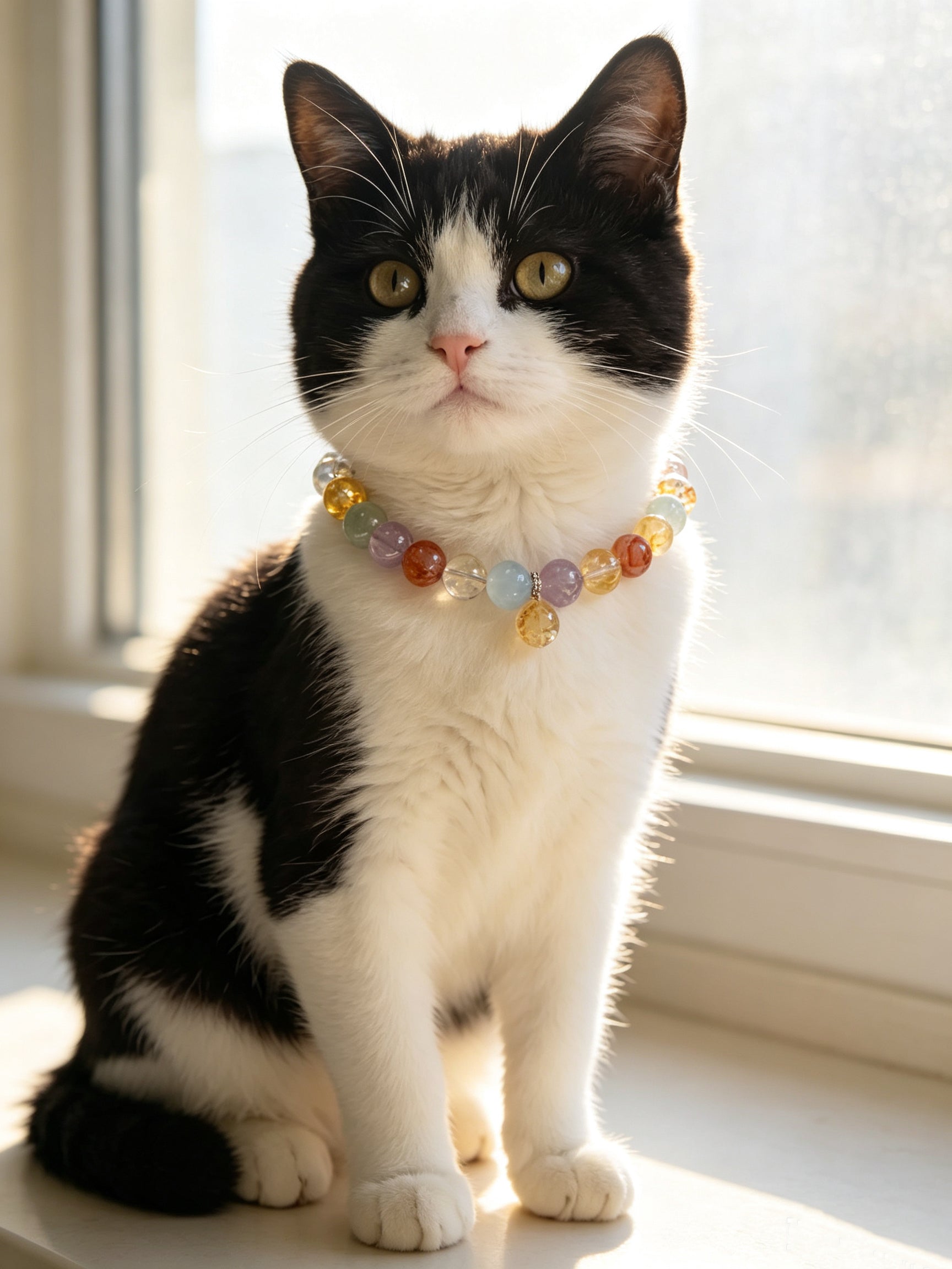 Rainbow Multi-Gem Healing Crystal Pet Collar – Chakra Balancing & Calming Necklace for Cats and Dogs, Auspicious Healing Gemstone Beads, Customizable