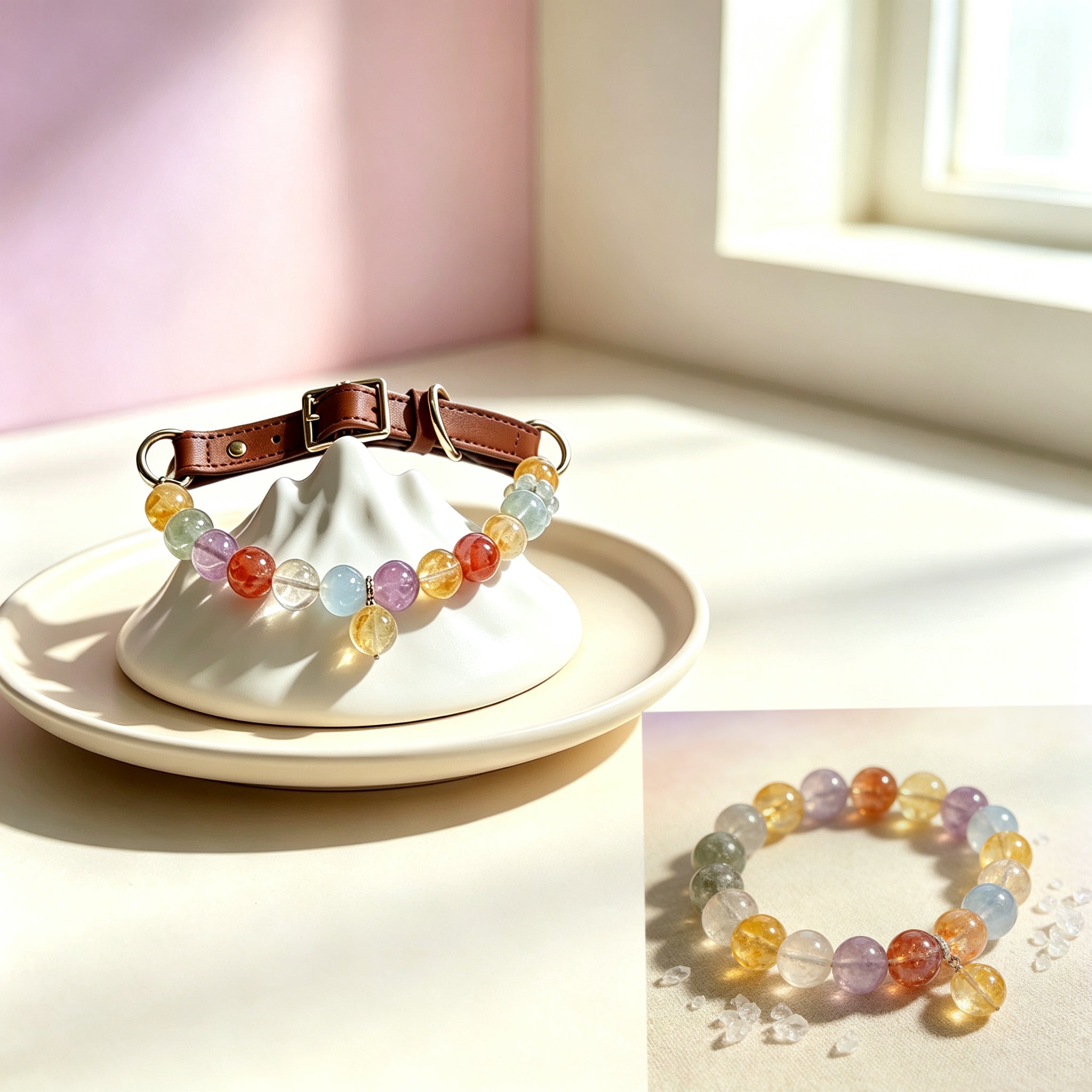 Rainbow Multi-Gem Healing Crystal Pet Collar – Chakra Balancing & Calming Necklace for Cats and Dogs, Auspicious Healing Gemstone Beads, Customizable