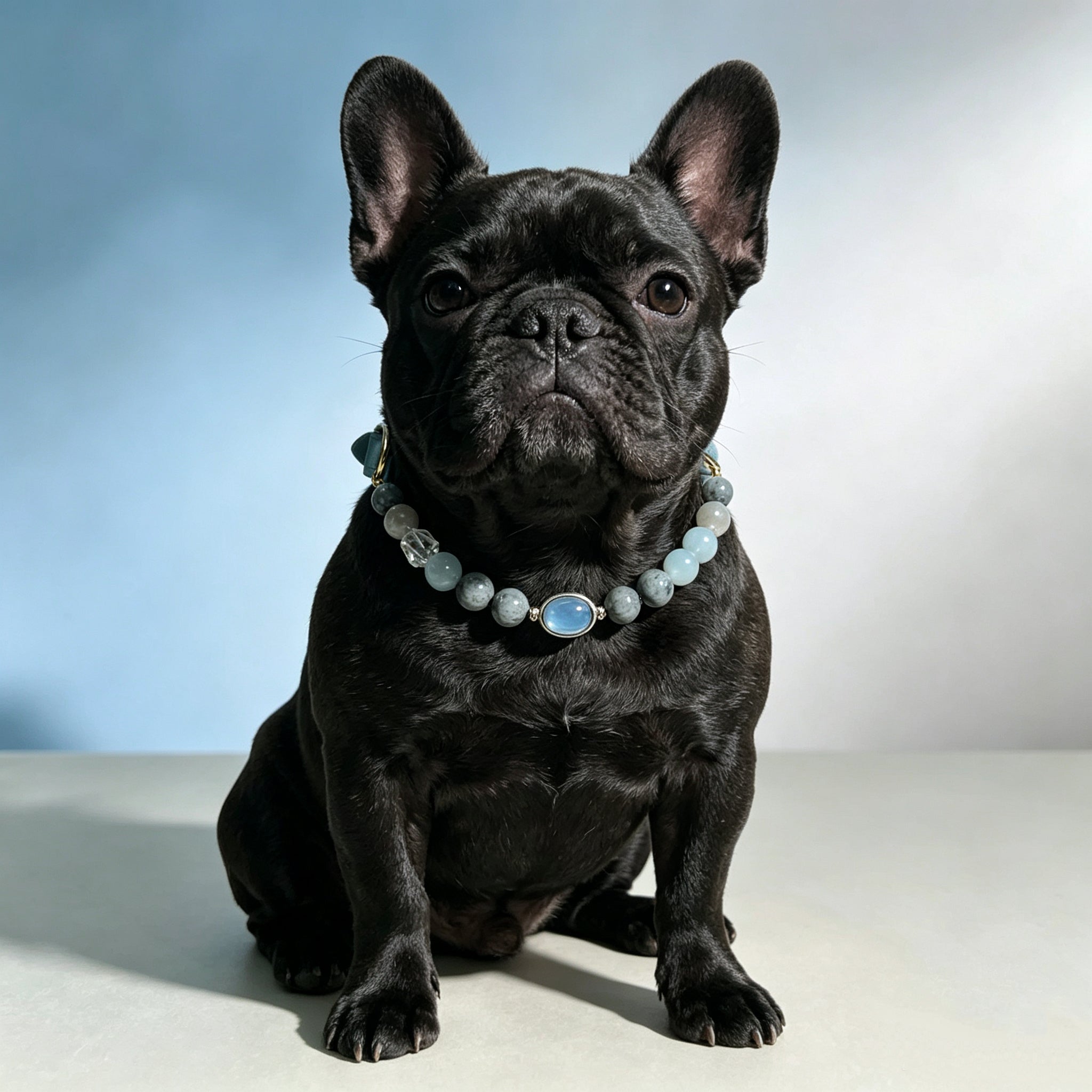 Natural Aquamarine Healing Crystal Pet Owner Beaded Necklace Set – Featuring a Gray Cloudstone Emotional Soothing Chain with an Oval Aquamarine Pendant. Adjustable and Customizable Design to Help Alleviate Separation Anxiety.