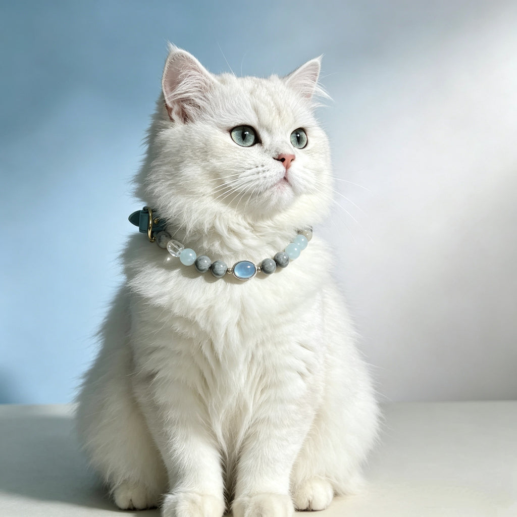 Natural Aquamarine Healing Crystal Pet Owner Beaded Necklace Set – Featuring a Gray Cloudstone Emotional Soothing Chain with an Oval Aquamarine Pendant. Adjustable and Customizable Design to Help Alleviate Separation Anxiety.