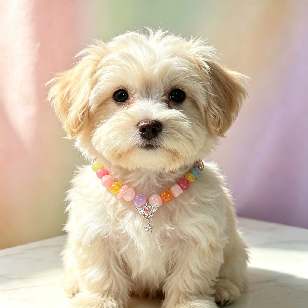 Rainbow Healing Crystal Pet Collar – Multicolor Natural Gemstone Beads with Wing & Star Charms, Adjustable Pink Leather Collar for Cats and Dogs, Helps Soothe Stress and Calm Emotions