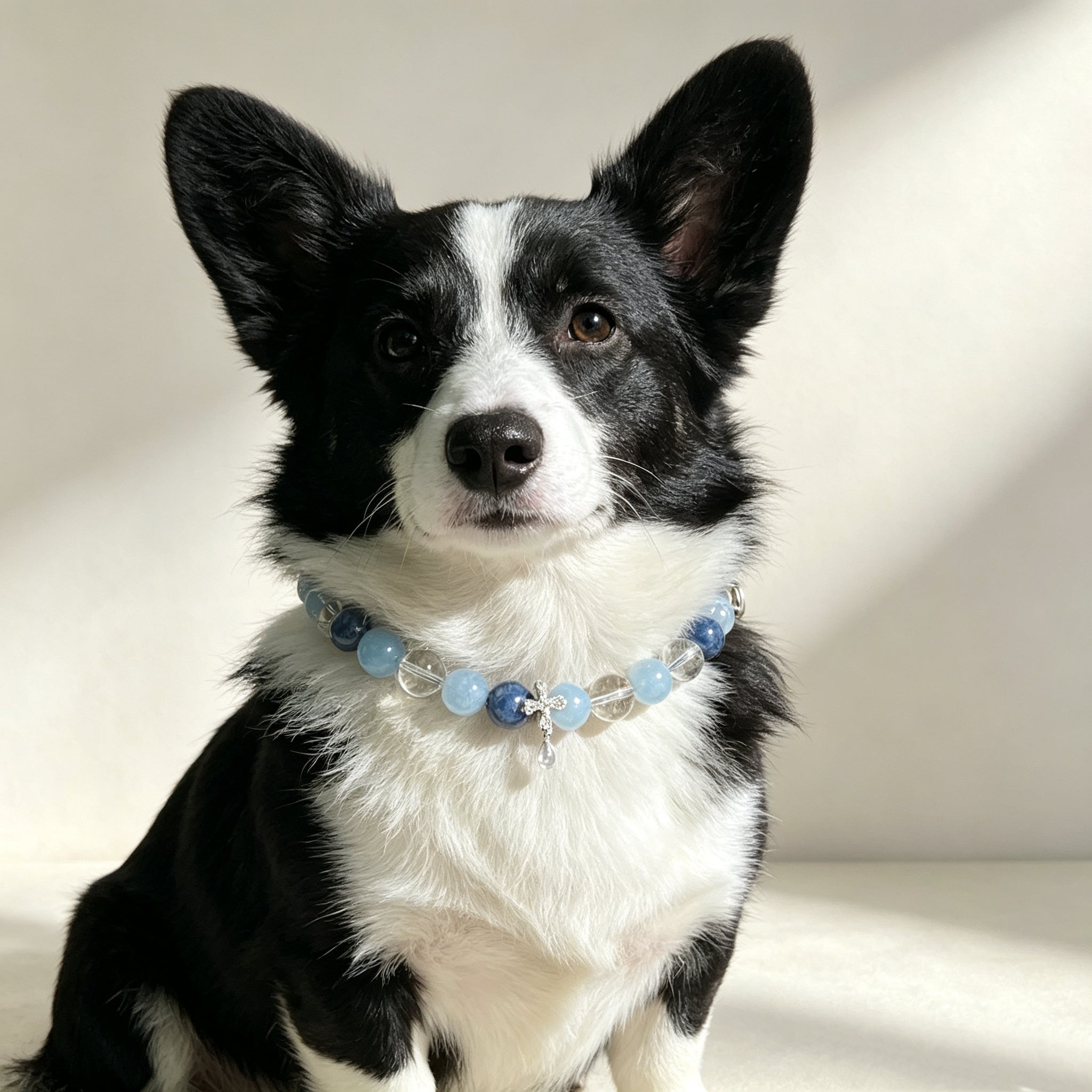Natural Aquamarine Healing Crystal Pet Collar, Cool-Toned Beaded Necklace with Silver Cross Pendant, Adjustable Leather Collar for Dogs and Cats, Customizable Size, Soothes Anxiety and Calms Agitation