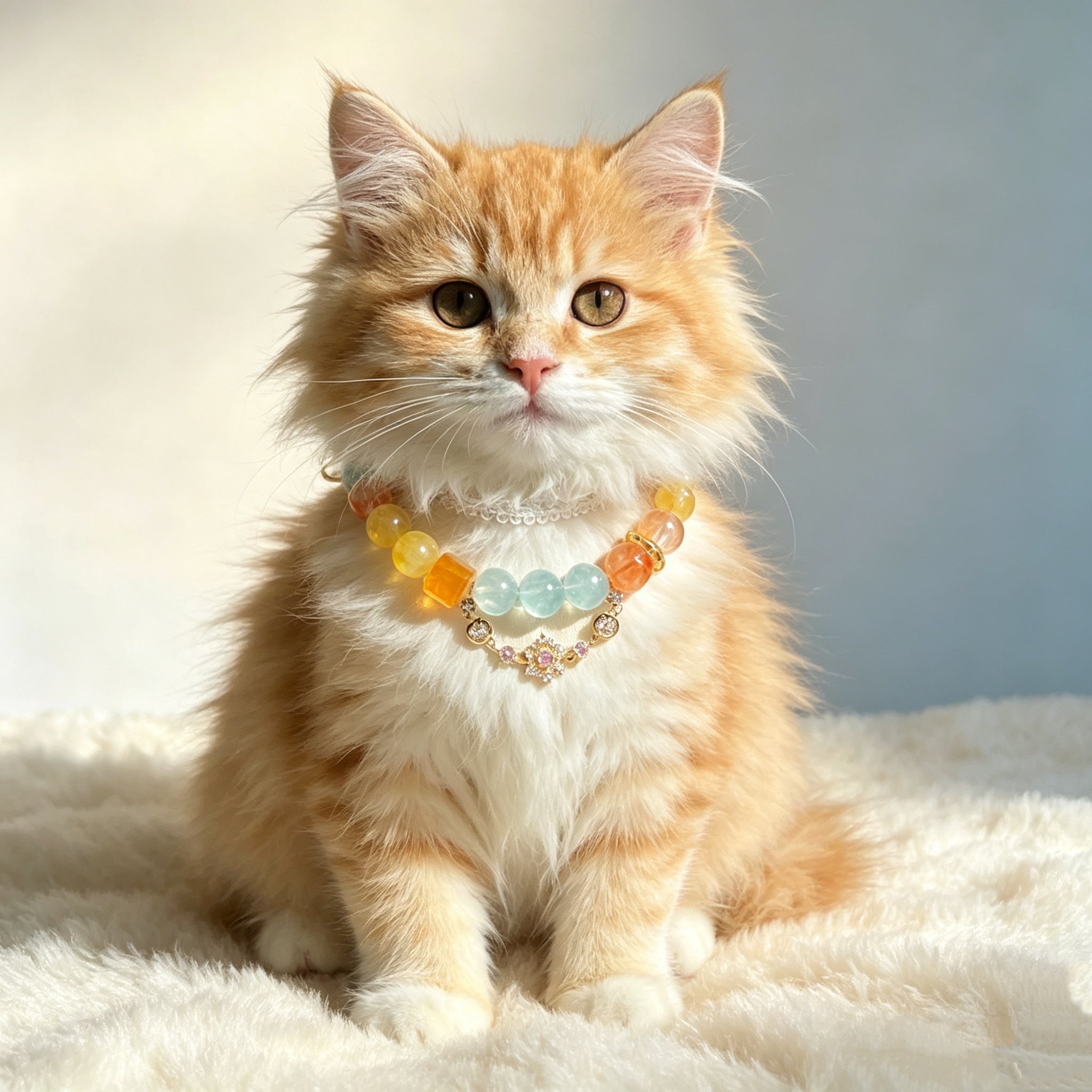 Soothing Healing Crystal Energy Pet Collar – Beaded Necklace with Citrine, Aquamarine & Red Agate, Fits All Pets & Customizable Size