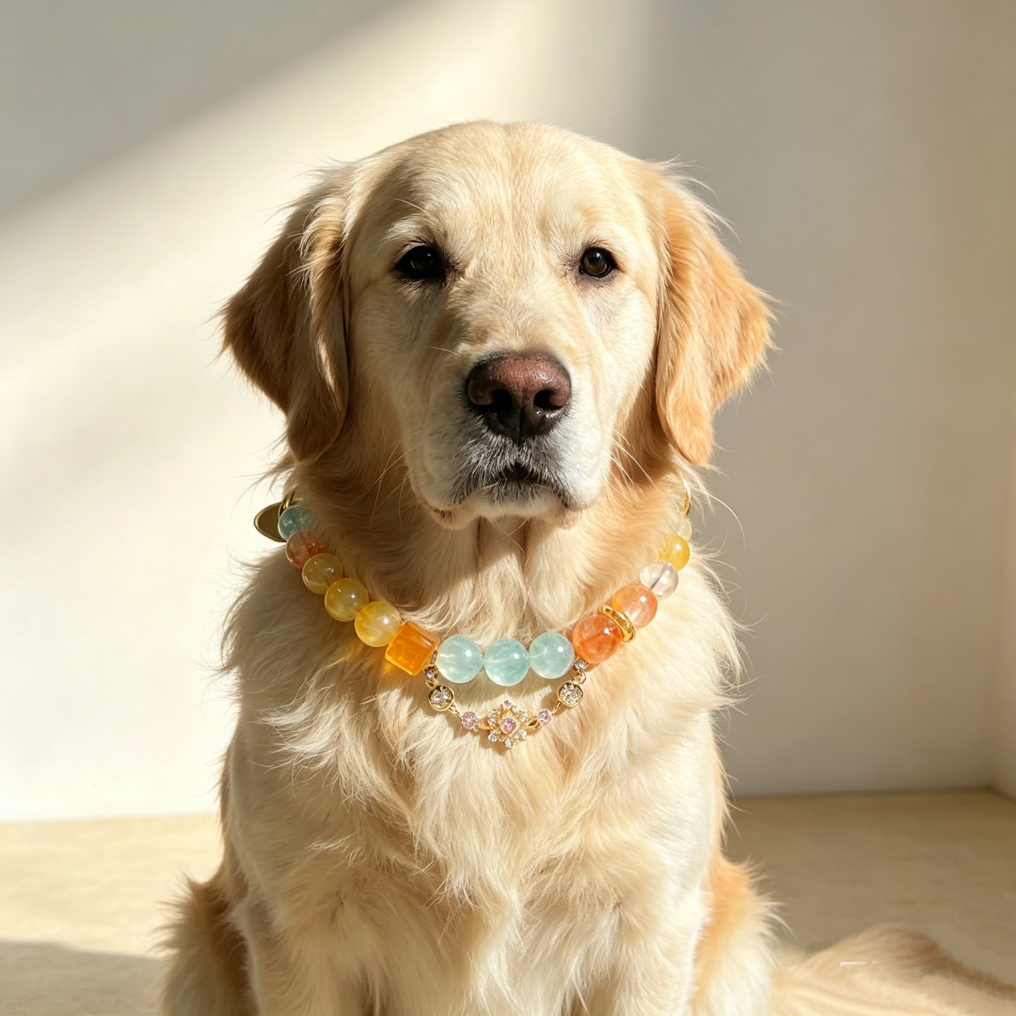 Soothing Healing Crystal Energy Pet Collar – Beaded Necklace with Citrine, Aquamarine & Red Agate, Fits All Pets & Customizable Size