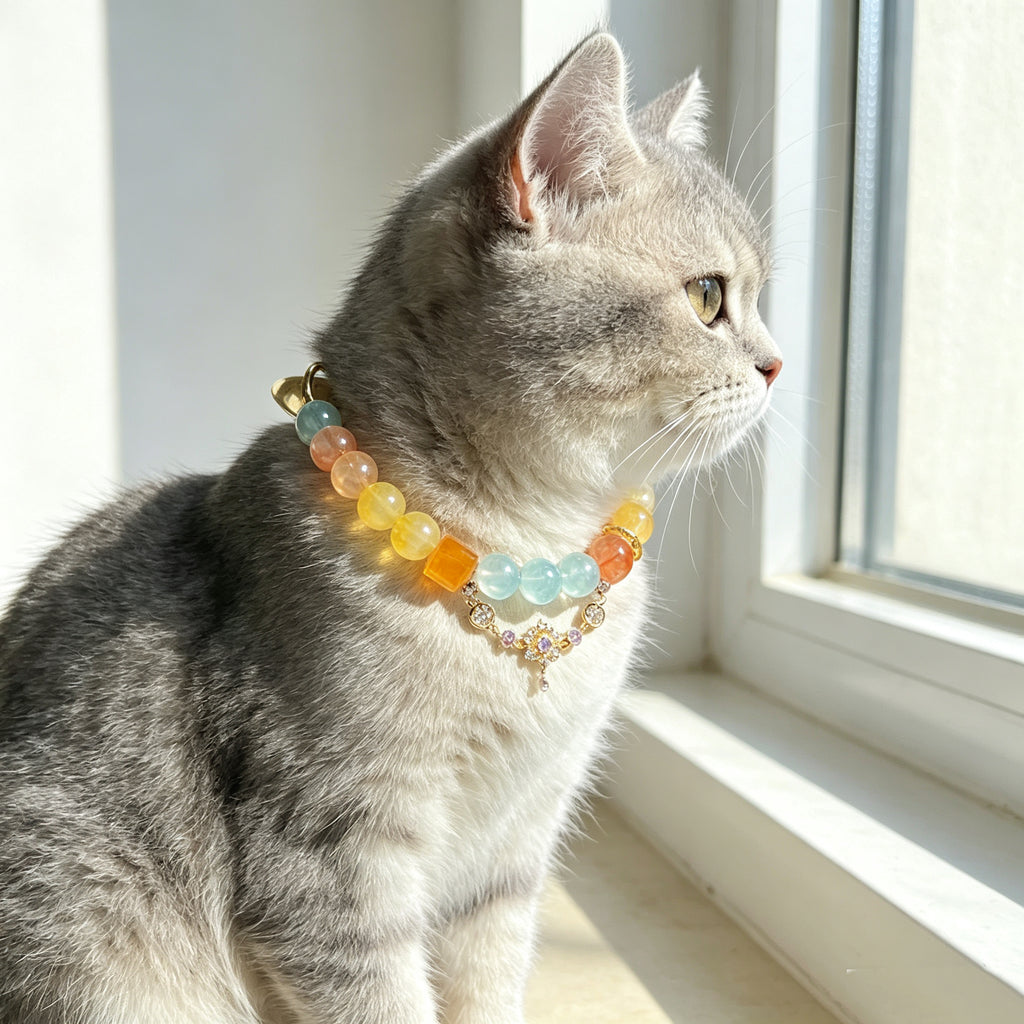 Soothing Healing Crystal Energy Pet Collar – Beaded Necklace with Citrine, Aquamarine & Red Agate, Fits All Pets & Customizable Size