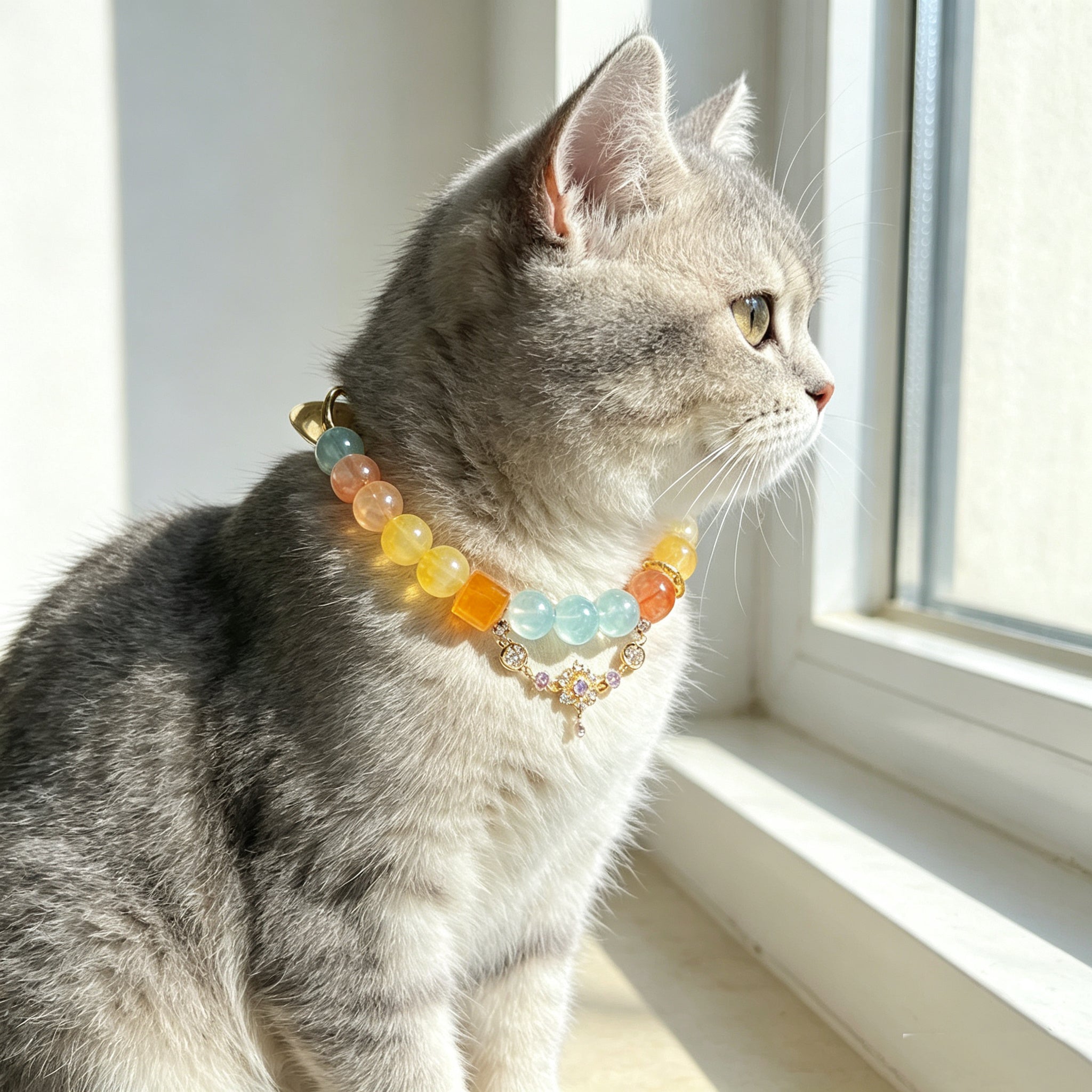 Soothing Healing Crystal Energy Pet Collar – Beaded Necklace with Citrine, Aquamarine & Red Agate, Fits All Pets & Customizable Size