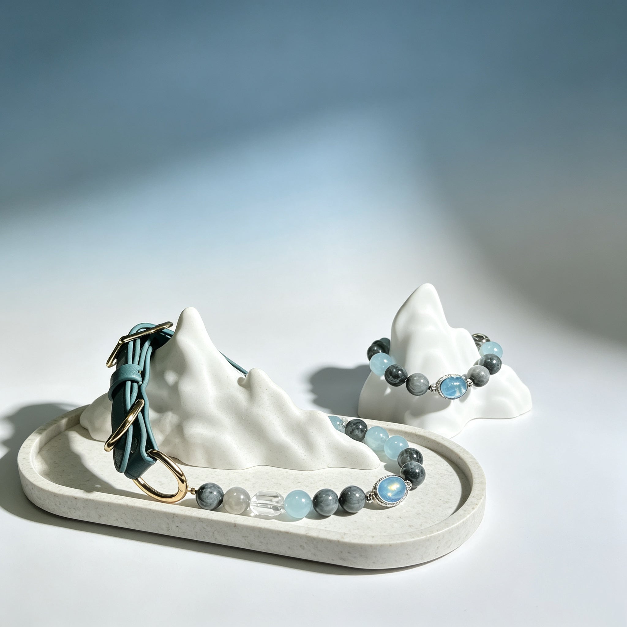 Natural Aquamarine Healing Crystal Pet Owner Beaded Necklace Set – Featuring a Gray Cloudstone Emotional Soothing Chain with an Oval Aquamarine Pendant. Adjustable and Customizable Design to Help Alleviate Separation Anxiety.