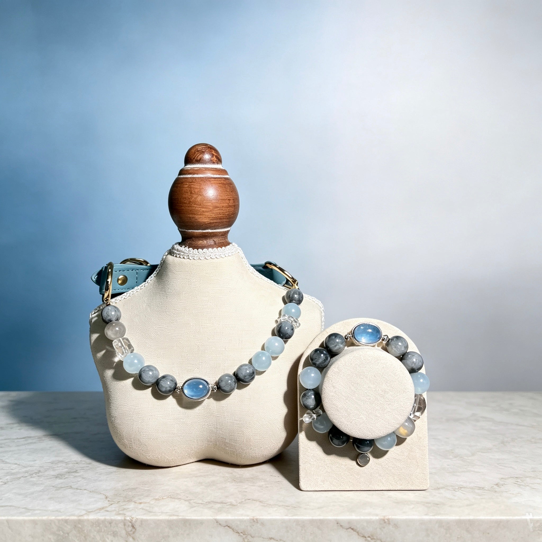 Natural Aquamarine Healing Crystal Pet Owner Beaded Necklace Set – Featuring a Gray Cloudstone Emotional Soothing Chain with an Oval Aquamarine Pendant. Adjustable and Customizable Design to Help Alleviate Separation Anxiety.