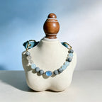 Natural Aquamarine Healing Crystal Pet Owner Beaded Necklace Set – Featuring a Gray Cloudstone Emotional Soothing Chain with an Oval Aquamarine Pendant. Adjustable and Customizable Design to Help Alleviate Separation Anxiety.