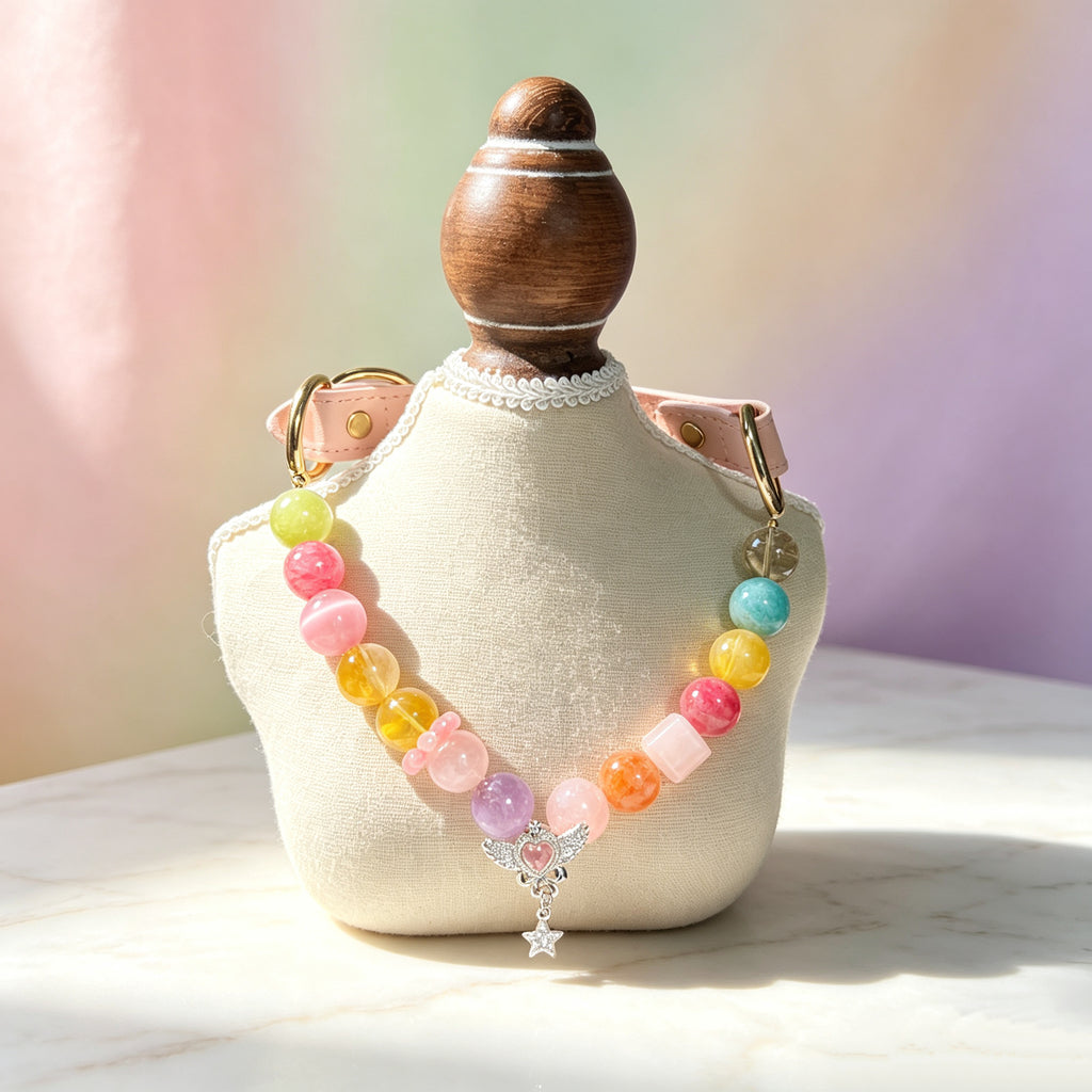 Rainbow Healing Crystal Pet Collar – Multicolor Natural Gemstone Beads with Wing & Star Charms, Adjustable Pink Leather Collar for Cats and Dogs, Helps Soothe Stress and Calm Emotions