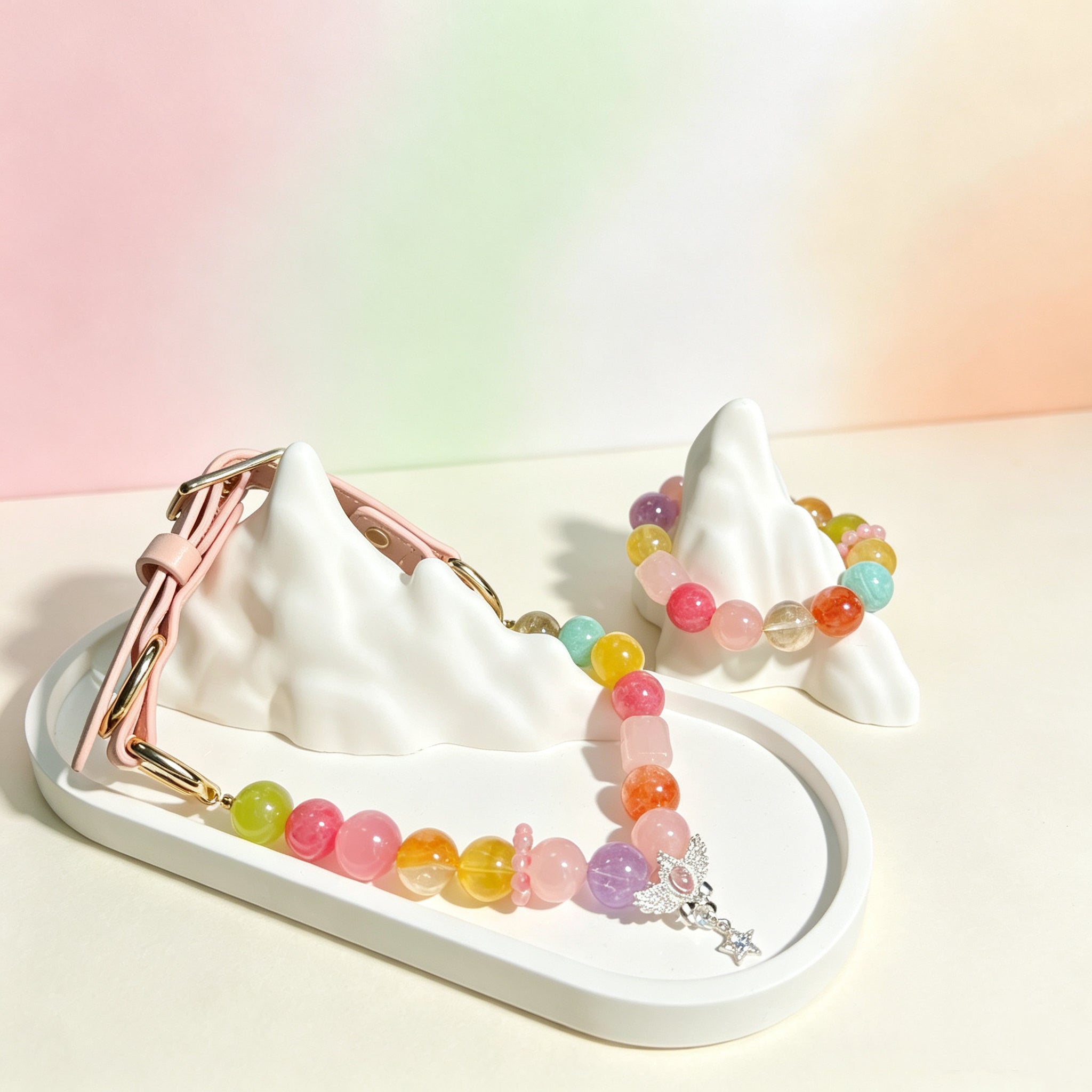 Rainbow Healing Crystal Pet Collar – Multicolor Natural Gemstone Beads with Wing & Star Charms, Adjustable Pink Leather Collar for Cats and Dogs, Helps Soothe Stress and Calm Emotions