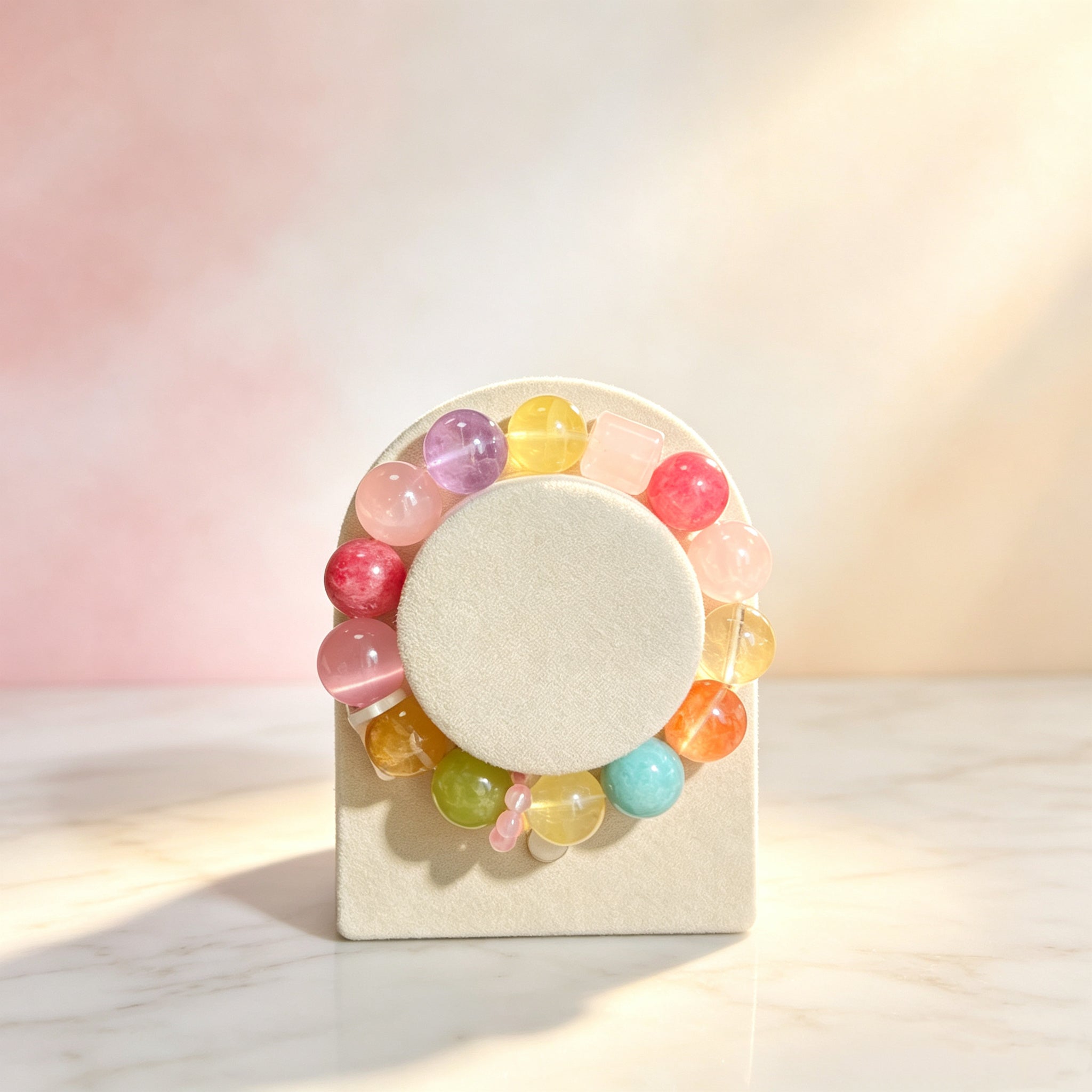 Rainbow Healing Crystal Pet Collar – Multicolor Natural Gemstone Beads with Wing & Star Charms, Adjustable Pink Leather Collar for Cats and Dogs, Helps Soothe Stress and Calm Emotions