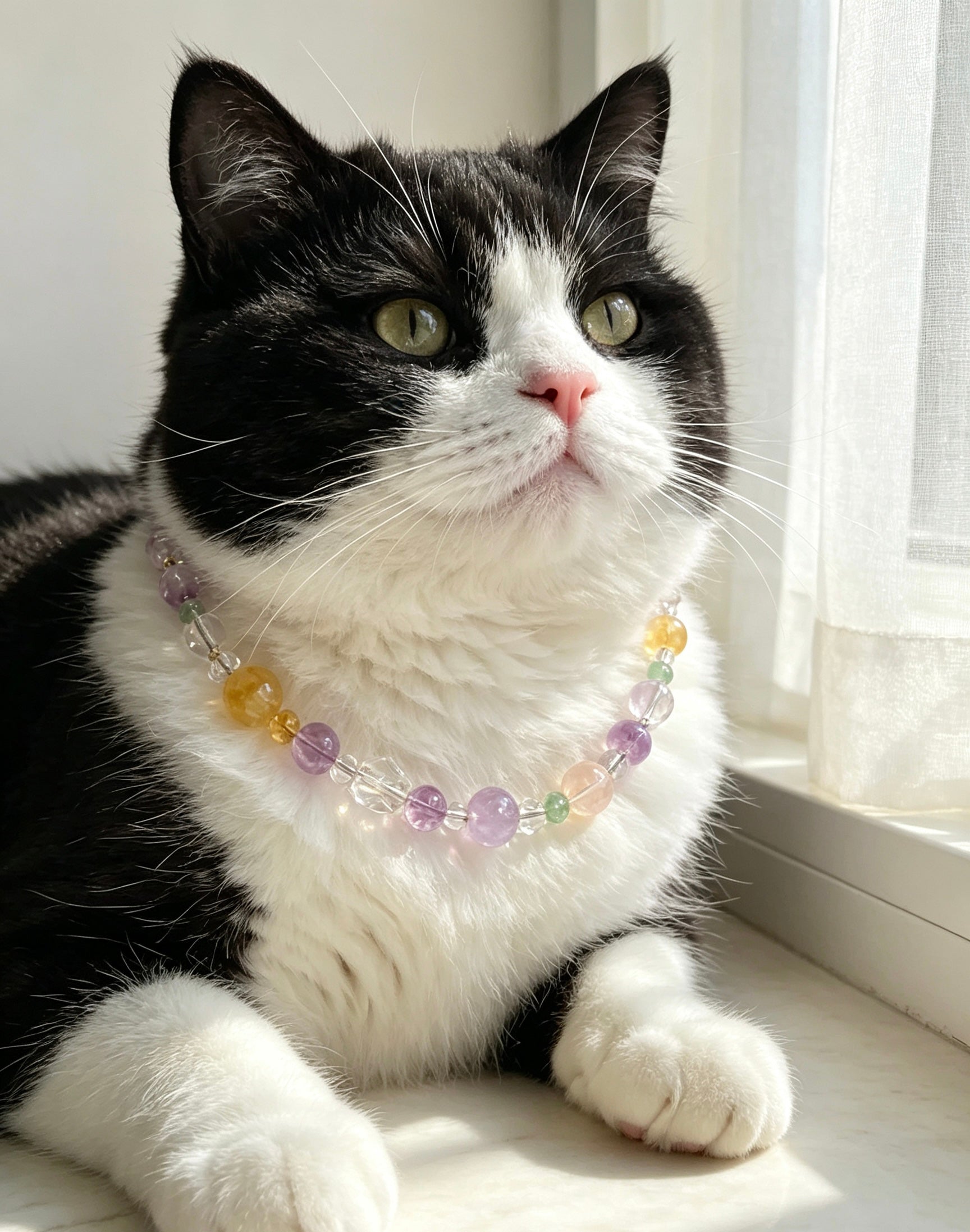 Natural Amethyst, Citrine & Rose Quartz Healing Energy Pet Collar, Macaron Pink & Purple Multi-Gemstone Beaded Necklace, Adjustable Soft Pink Leather Strap, Stabilizes Emotions & Purifies Negative Energy